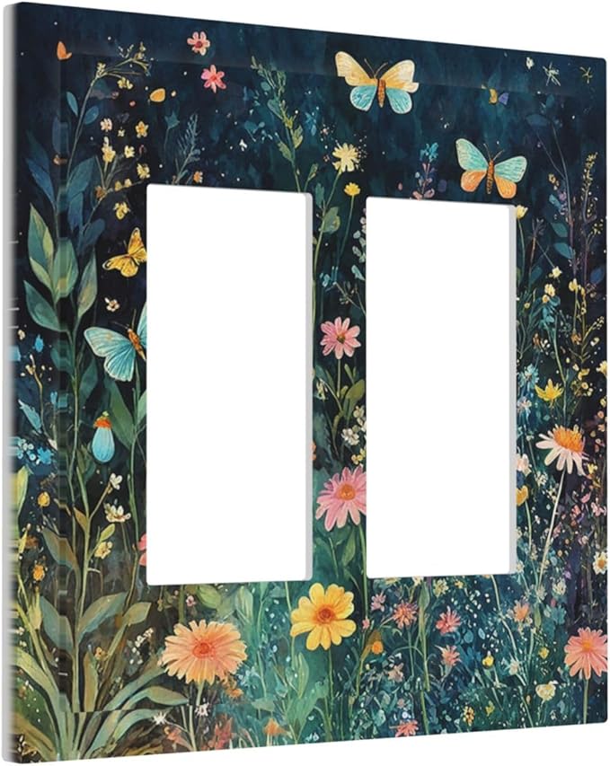 Decorative Outlet Covers Boho Vintage Floral Flower Butterfly 2 Gang Double GFCI Rocker Electrical Wall Panels Light Switch Cover Plate for Bedroom Home Decor