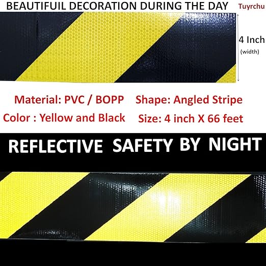 Yellow Black Reflective Tape 4 inch X 66 feet, Outdoor Waterproof Hazard Conspicuity Warning Industrial Marking Tape