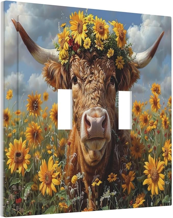 Decorative Switch Plates Vintage Sunflower Highland Cow Rustic Art 2 Gang Double Toggle Outlet Light Switch Cover Wall Plate Electrical Faceplate for Bedroom Farmhouse Decor