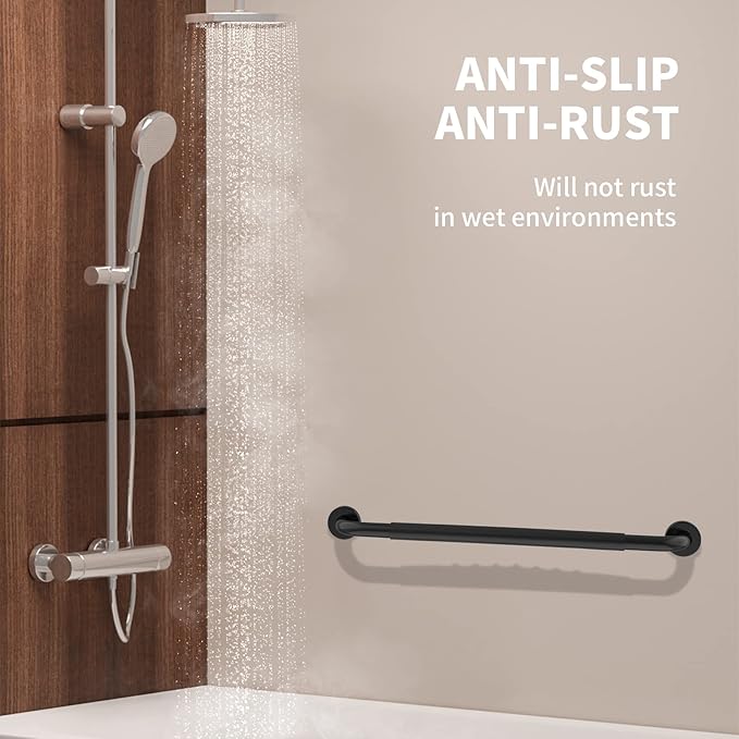 32 Inch Shower Grab Bar w/Anti Slip Rubber Grip, Munzong Black Stainless Steel Bathroom Grab Bar, Bathroom Balance Bar,Safety Handrail Support,Handicap Injury Elderly Senior Assist Bath Handle