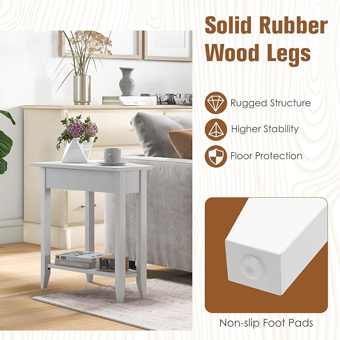 Giantex Wedge End Table White, Triangle Side Table with Storage Shelf and Solid Wood Legs, Recliner Table, 24.5" Tall Nightstand, Modern Narrow Accent Table for Small Space Living Room
