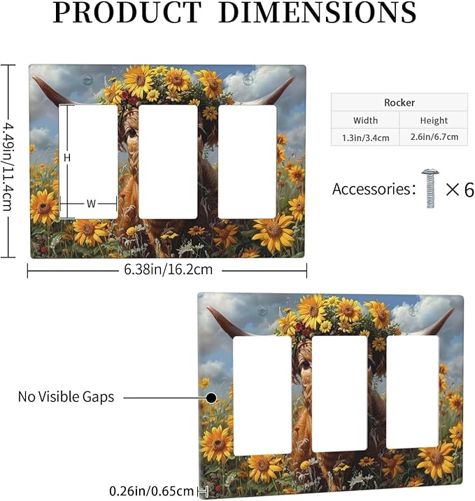 Light Switch Covers Vintage Sunflower Highland Cow Rustic Art 3 Gang Rocker Electrical GFCI Decorative Triple Outlet Wall Plate Cover Switchplate for Bedroom Farmhouse Decor