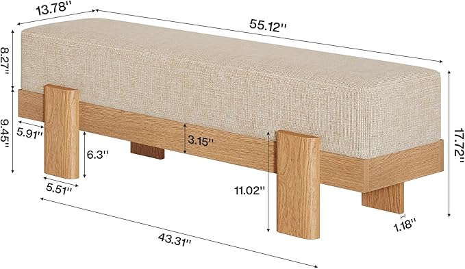 Tribesigns 55-Inch Upholstered Entryway Bench, Modern Shoe Bench with Fabric Padded Seat and MDF Frame, End of Bed Stool for Bedroom, Entrance, Living Room (Beige & Oak)
