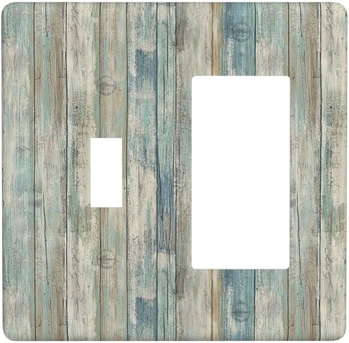 Tea Vintage Wood Plank Distressed Grain Rustic Shiplap Board 2 Gang Light Switch Cover Decorative Combination Toggle Rocker/Decora Wall Plate Electrical Switchplate for Farmhouse Bathroom