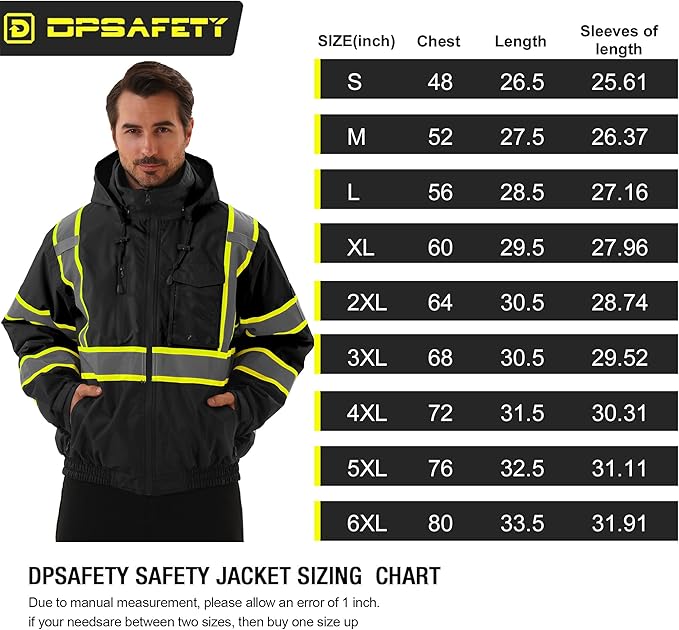 Hi Vis Safety jacket for men,Reflective high Visibility Hooded jacket,Work Bomber Jacket with Pockets and Zipper,Waterproof,ANSI Class 3 Black,XL