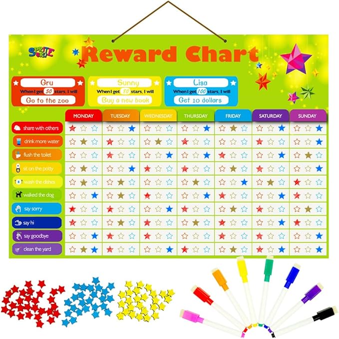 Magnetic Reward Behavior Star Chore Chart for One or Multiple Kids, Includes 8 Markers + 60 Foam Backing Illustrated Chores + 300 Stars in Red, Yellow, Blue. X- Large 17X12 inch. Hanging Loop READY!