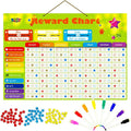 Magnetic Reward Behavior Star Chore Chart for One or Multiple Kids, Includes 8 Markers + 60 Foam Backing Illustrated Chores + 300 Stars in Red, Yellow, Blue. X- Large 17X12 inch. Hanging Loop READY!