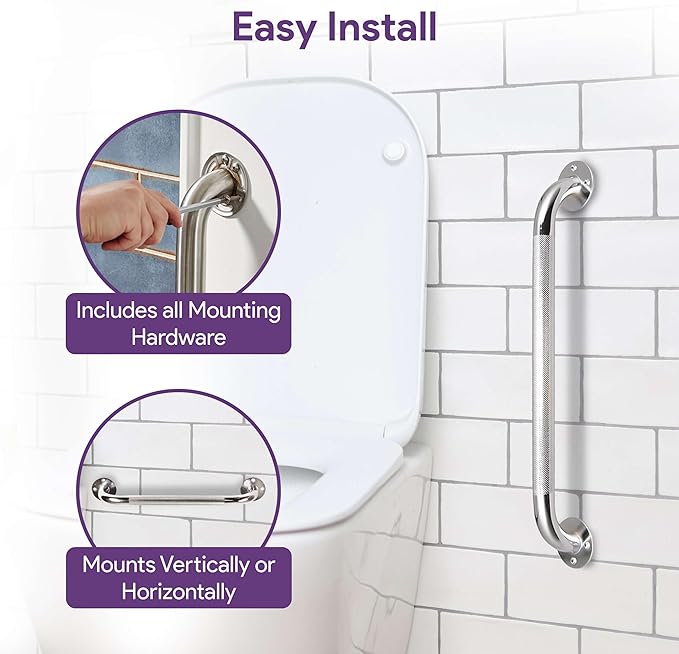 18 Inch Grab Bars for Bathtubs and Showers - Chrome Knurled Bathroom Safety Rail Handle - Non Slip Textured Grip Handicap Grab Bar for Seniors, 250 lbs Weight Support Capacity