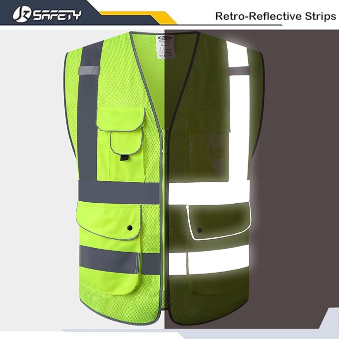 JKSafety 9 Pockets High Visibility Safety Vest for Men and Women, Hi-Vis Reflective Yellow Safety Vests with Zipper Front, Meet ANSI/ISEA Class 2 Type R (159-Yellow 3XL)