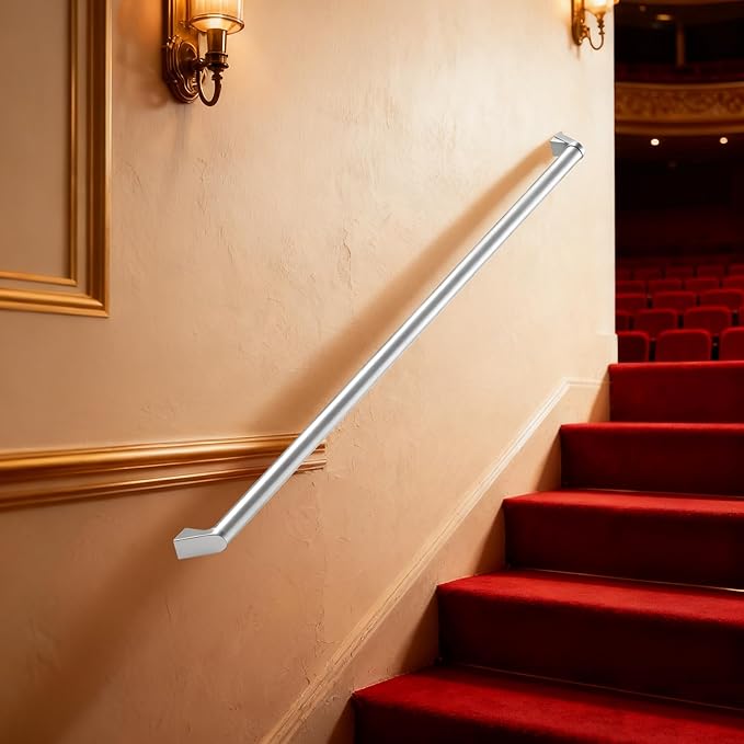 12 FT Handrails for Indoor Stairs,Railings，Outdoor Stairs Handrail，Modern Aluminum Handrail Set, Wall Mounted，Wall Return Bracket More Safety, Rust Free. (Anodized Silver, 12 FT)