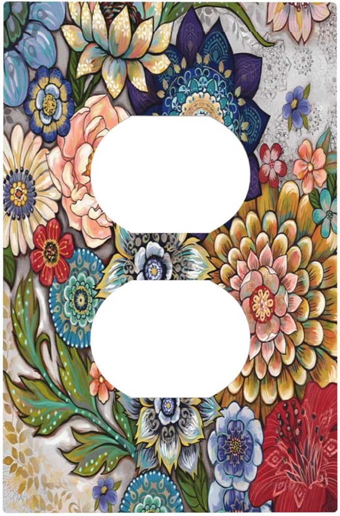 Boho Floral Colorful Floral Multi Color Flower Outlet Covers 1 Gang Duplex Light Switch Cover Decorative Switch Plates Electrical Receptacle Faceplate Wall Plate for Bedroom Living Room Home Decor