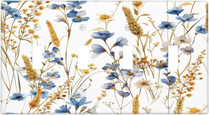 Vintage Wildflower Blue Gold Country Fall Wheat Floral Light Switch Covers Quad Toggle Electrical Faceplate 4 Gang Wall Plate Decorative Switch Plates Cover for Bedroom Living Room Decor
