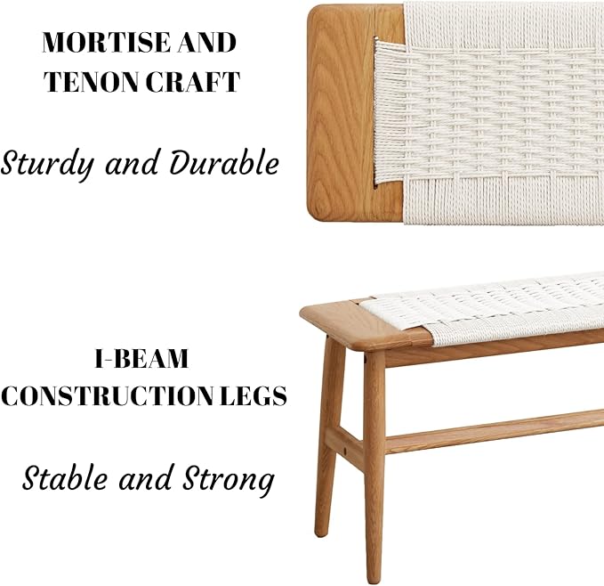 Wood Dining Bench,100% Natural Solid Oak with Rattan Design, Rounded Edge, Bench for Entryway Hall, Dining Room,Bedroom, Living Room (Off-White, 31.49 inch)