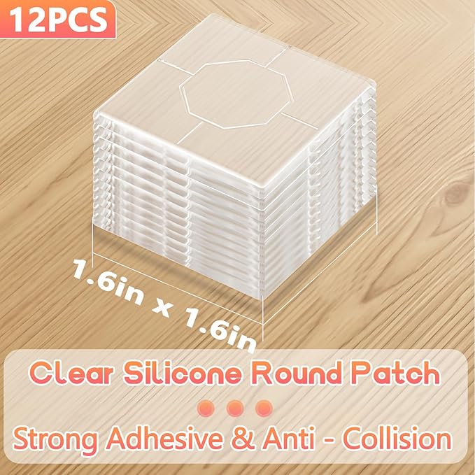 Clear Silicone Cabinet Door Bumpers,Squares 12 Pcs,Self-Adhesive Sound Dampening Pads,Surface Protection & Anti-Friction for Drawers,Table Bottoms,Wall Door Stoppers,Transparent Adhesive Pads