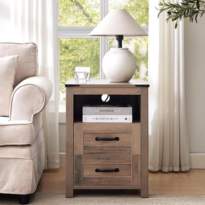 Sierra Night Stand Set of 2, Rustic End Table with Charging Station, Farmhouse Tall Nightstand for Bedroom, Drawer Dresser Bedside Table with Open Storage Shelf
