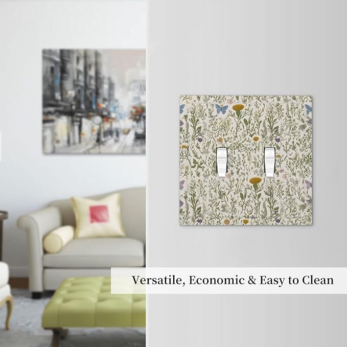 Floral Vintage Garden Plants Herbs Flowers Botanical Double Toggle Light Switch Covers Decorative Mustard Green 2 Gang Wall Plate Dual Device Electrical Switchplate Dimmer Faceplate Decor