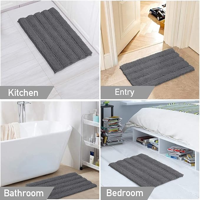 Turquoize Chenille Bathroom Rugs Set Non-Slip Bath Mats for Bathroom Super Absorbent Shaggy Rugs for Tub Shower Toilet Plush Bath Rug Plus U Contour Rug (Oversized: 24" x 36" and 20" x 24" U), Gray