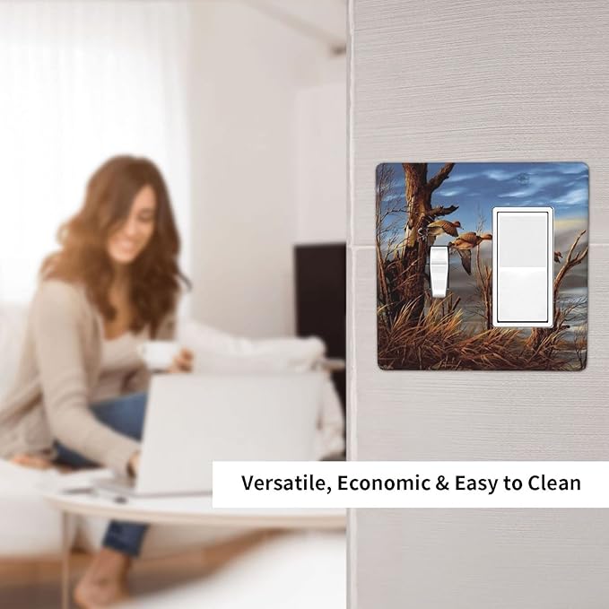 Outlet Covers Hunting Flying Wild Ducks 2 Gang Toggle Rocker Combination Wall Plates Decorative Light Switch Cover Fall Lakeside Reed Wildlife Animal Mallard Receptacle Electrical Switchplate