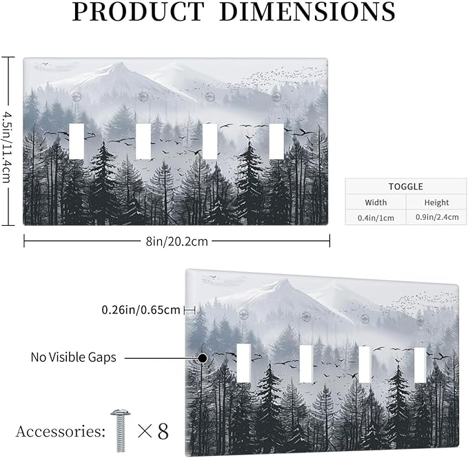 Misty Forest Nature Tree Mountain Birds Light Switch Covers Quad Toggle Electrical Faceplate 4 Gang Wall Plate Decorative Switch Plates for Bed Room Living Room Decor