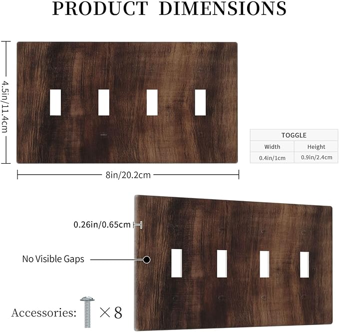Decorative Switch Plate Covers Rustic Farmhouse Brown Wood Barn Door 4 Gang Light Switch Cover Plate Quad Toggle Wall Plate Light Switch Covers for Bathroom Decor