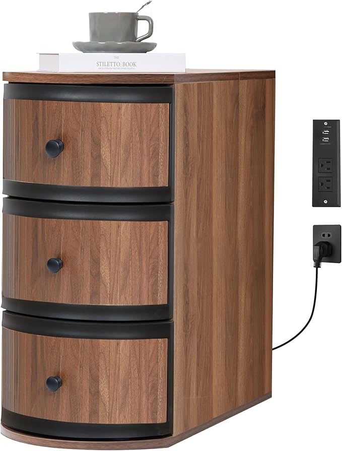 End Table with Charging Station for Couch,Mid-Century Modern Narrow Sofa Side Table with Drawer for Living Room,Small Bed Side Table for Bedroom (Walnut, MCM)