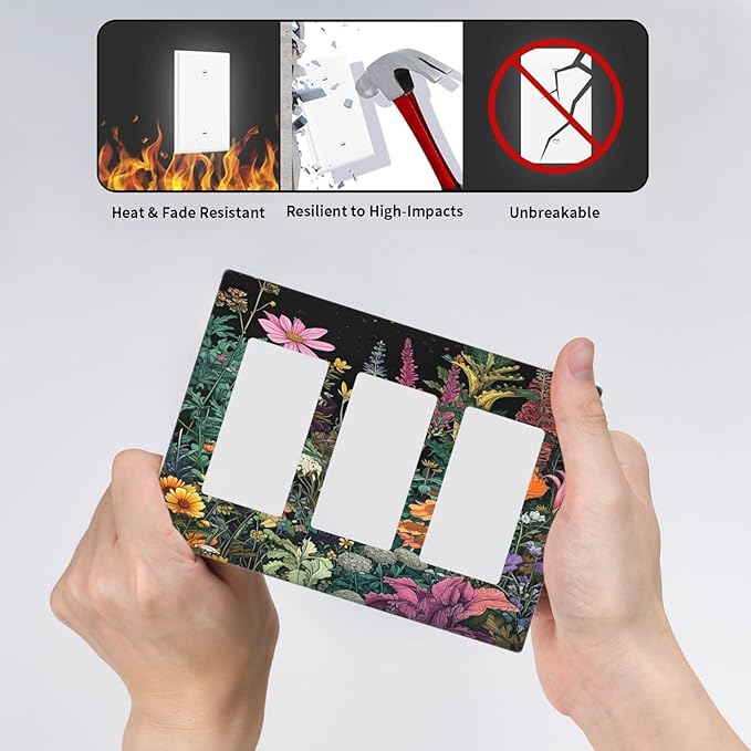 Decorative Outlet Covers Colorful Floral Dark Sky Wildflower Plants 3 Gang Gfci Wall Plate Triple Rocker Light Switch Cover Plate Switch Plate Covers for Bathroom Decor
