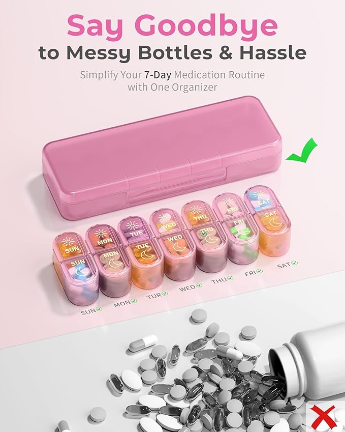 Pill Organizer 2 Times a Day, AM PM Pill Organizer 7 Day, Weekly Pill Box 2 Twice a Day, Travel Pill Case 7 Days, Medicine Organizer for Medication Vitamins, Fish Oils, Supplements