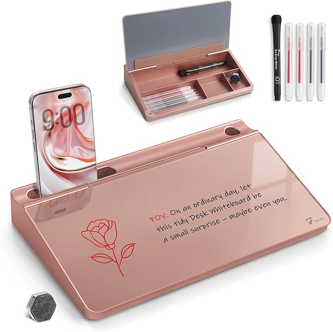 TOWON Small Compact Glass Desktop Whiteboard with Storage – 12 x 7 in Dry Erase Board for Desk, Home Office, School | Includes 5 Markers, Eraser & Holder | Space-Saving Organizer, Aesthetic Rose Gold