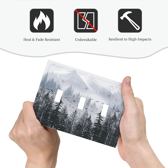 Misty Forest Nature Tree Mountain Birds Decorative Switch Plates 3 Gang Wall Plate Triple Toggle Light Switch Cover Faceplate Electrical Wall Panels for Bed Room Living Room Decor