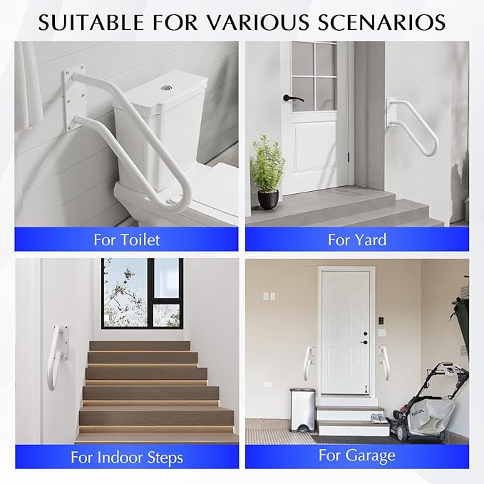 Hand Rails for Outdoor 1-2 Steps, Indoor Stairs, Bathroom, Wall Mount Non-Slip U-Shape Stair Hand Railing White 2 Pack
