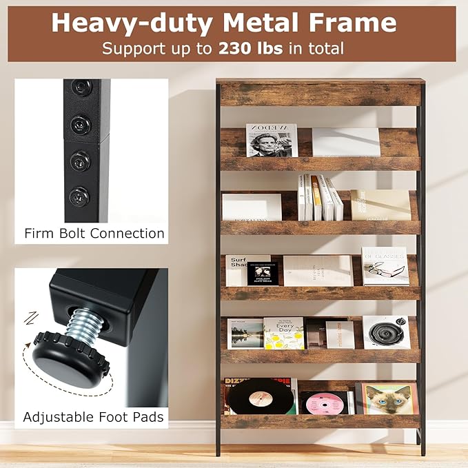 Tangkula 6-Tier Bookshelf, Tall Freestanding Bookcase with Angled Shelves, Industrial Display Rack Storage Organizer with Metal Frame & Anti-Tip Kits for Home Office Living Room (Rustic Brown, 63.5”H)