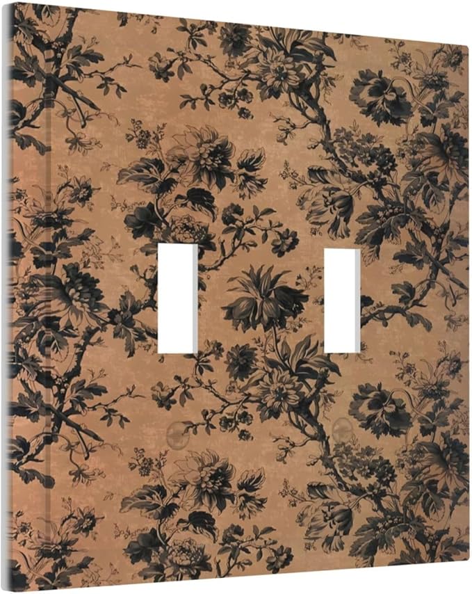 Decorative Light Switch Cover Plate Vintage Floral Botanical Brown Background 2 Gang Switch Plate Covers Double Toggle Wall Plate Dual Device Faceplate for Bathroom Bedroom Decor