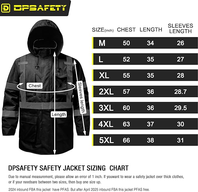 Reflective Jacket, High Visibility Parka, Waterproof Hi Vis, Safety Jacket with Removable Hood and Zipper, ANSI Class 3 (Black,XL)