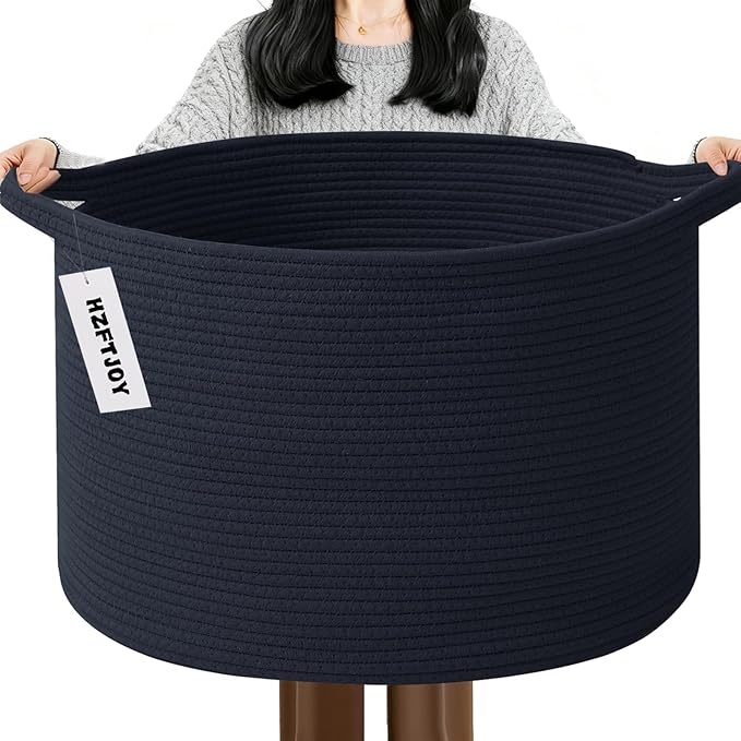 Large Storage Basket with Handle,23.6" x 23.6" x 15.7" Blanket Basket Storage Bins for Organizing,65L Cotton Rope Woven Baskets for Living Room, Nursery,Bedroom,Navy