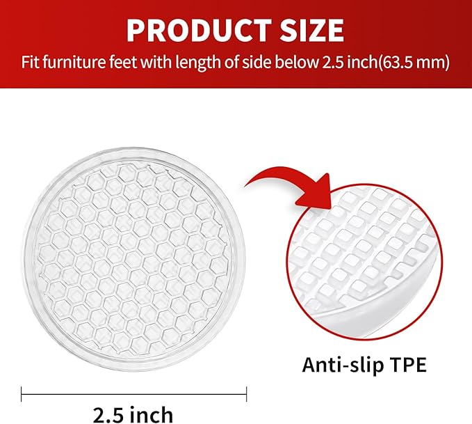 Ezprotekt Non Slip Furniture Pads, 8 Pcs 2.5" Anti Skid Rubber Caster Cups, Round Furniture Coasters for Hardwoods Floors, Anti-Slip Grippers, Furniture Stoppers to Prevent Sliding (Clear)