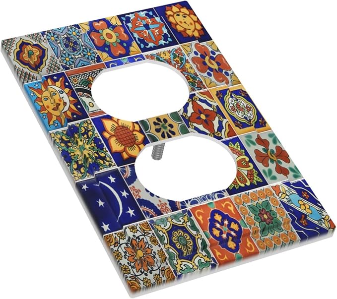 Outlet Covers Mid Century Talavera Shaped Tiles 1 Gang Duplex Wall Plate Decorative Switch Plates Electrical Receptacle Faceplate Light Switch Cover for Bedroom Bathroom Decor