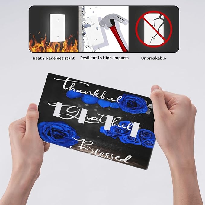 Light Switch Cover Blue Rose Thankful Grateful Blessed 4 Gang Switch Plate Quad Toggle Wall Plates Romantic Blue Floral Decorative Switchplate Electrical Outlet Cover Plates for Home Decor