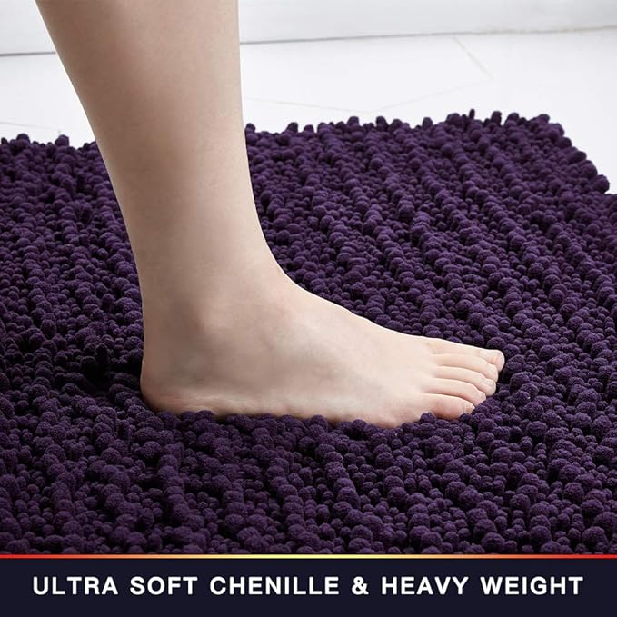 Walensee Bathroom Rug Non Slip Bath Mat (32x20 Inch Dark Purple) Water Absorbent Super Soft Shaggy Chenille Machine Washable Dry Extra Thick Perfect Absorbant Best Large Plush Carpet for Shower Floor