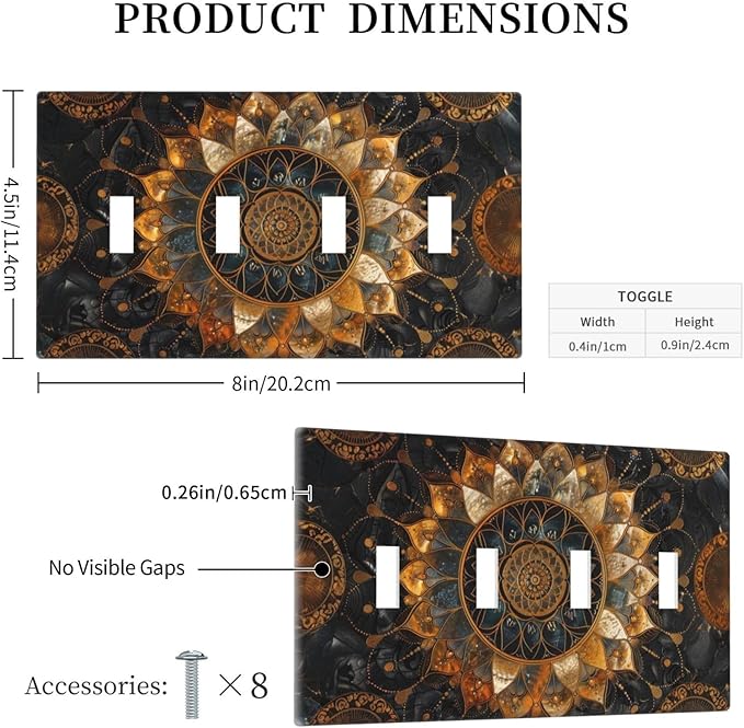 Cool Colorful Mandal Flowers Boho Floral Light Switch Covers Quad Toggle Electrical Faceplate 4 Gang Wall Plate Decorative Switch Plates for Bed Room Living Room Decor