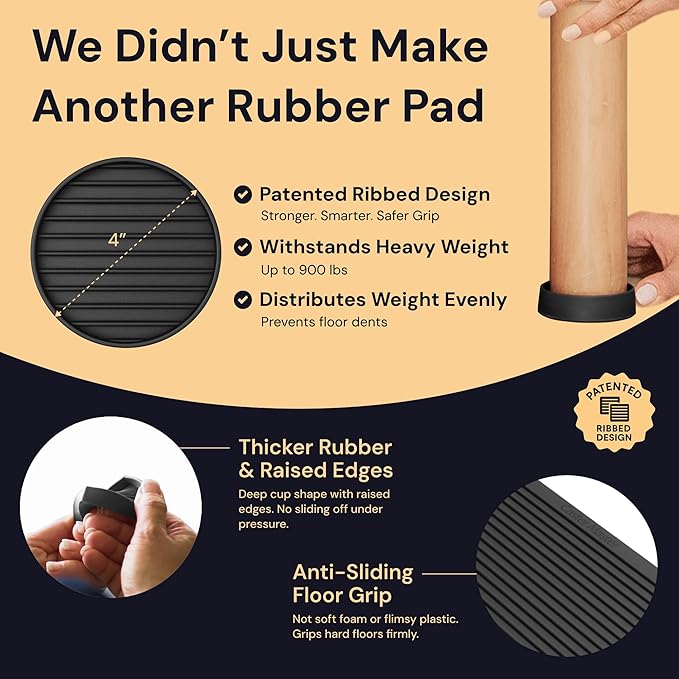 CasterMaster Heavy Duty Non Slip Furniture Pads for Wood Floors & Carpet - 4x4 Black Round Caster Cups - Rubber Feet for Furniture - Stop Bed Sliding - Bed Frame Legs Protectors (Set of 4)