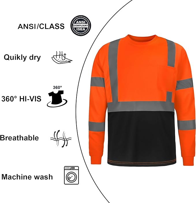 High Visibility Class 3 T Shirts，Hi Vis Safety Shirts with Reflective Strips and Pocket, Long Sleeve Quick Dry Mesh Construction Work Shirt for Men/Women Black Bottom Orange,5XL