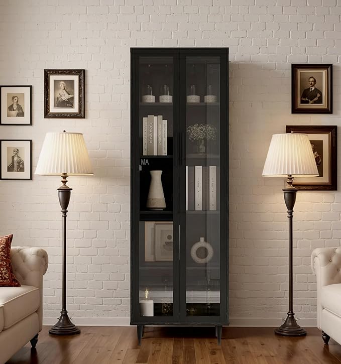 TUSY 70.9“ H Bookshelf with Glass Doors, 5-Tier Display Curio Cabinet with Drawers, Narrow Display Bookcase for Home, Office, Clinic, Pantry (Black, C)