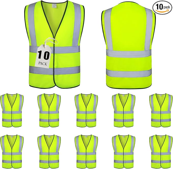 NOBONDO High Visibility Reflective Safety Vests 10 Pack - 360 Enhanced Visibility with Hi Vis Reflective Strips - Yellow Breathable Mesh, Bulk Pack for Construction, Traffic, Running, Security