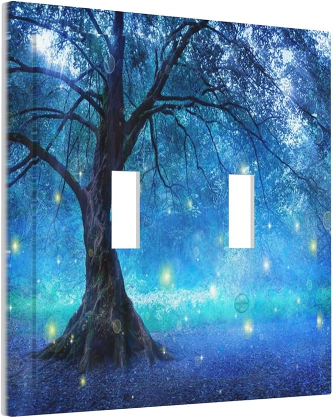 Light Switch Cover Fantasy Fairy Tree In Mystic Forest 2 Gang Wall Plate Double Light Switch Plate Toggle Decorative Outlet Covers Electrical Switchplate for Bathroom Bedroom Decor