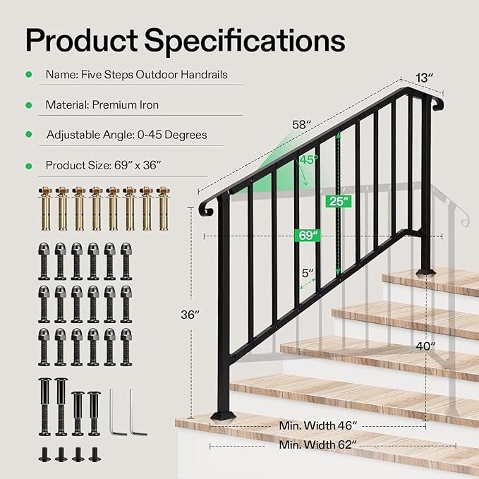VIVOSUN Outdoor Handrail, 5 Step Stair Handrail, 69" x 36" Fits 1 to 5 Steps, Wrought Mattle Iron Stair Railing with Curved End and Balusters for Concrete Step, Porch Steps, One-Step Assembly, Black