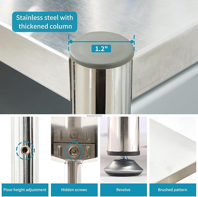 susunnus 5-Tier Stainless Steel Shelf, Heavy Duty Shelving for Kitchen, Garage, Industrial Storage, Kitchen Shelves Adjustable Feet, Easy to Clean (5T-35.8in*15.8in(Without guardrails))