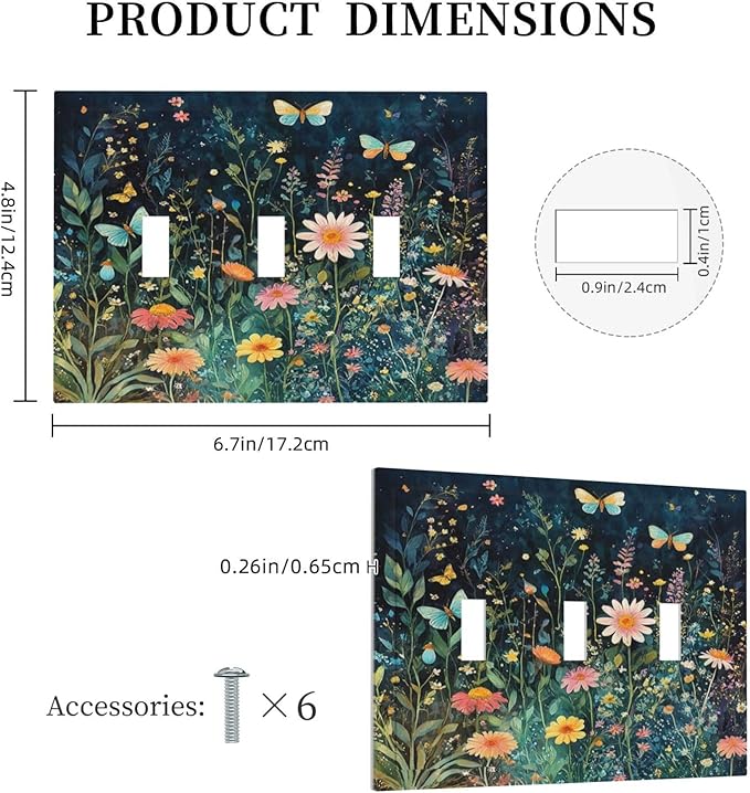 Decorative Switch Plates Boho Vintage Floral Flower Butterfly 3 Gang Wall Plate Triple Toggle Light Switch Cover Faceplate Electrical Wall Panels for Bedroom Home Decor