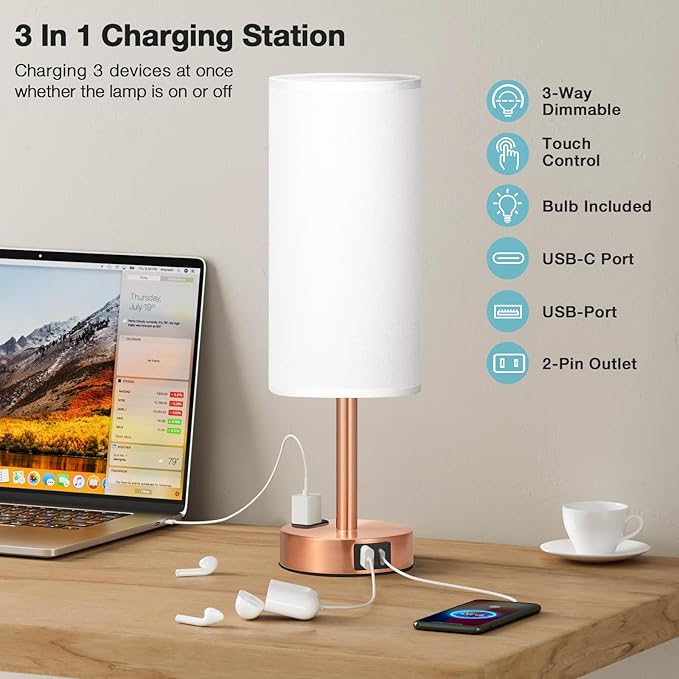 Fenmzee Bronze Nightstand Bedroom Lamp - 3 Way Dimmable Bedside Lamp USB C A Charging Ports and AC Outlet, Small Table Lamp White Linen Lampshade for Desk, LED Bulb Included