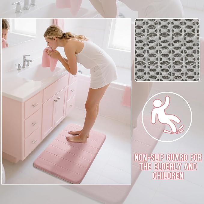 Yimobra Pink Bath Mat 31.5x20 Inch, Super Soft Absorbent Memory Foam Bathroom Rug Non Slip, Quick Dry, Machine Washable Floor Carpet for Tub Shower, Home Decor Accessories