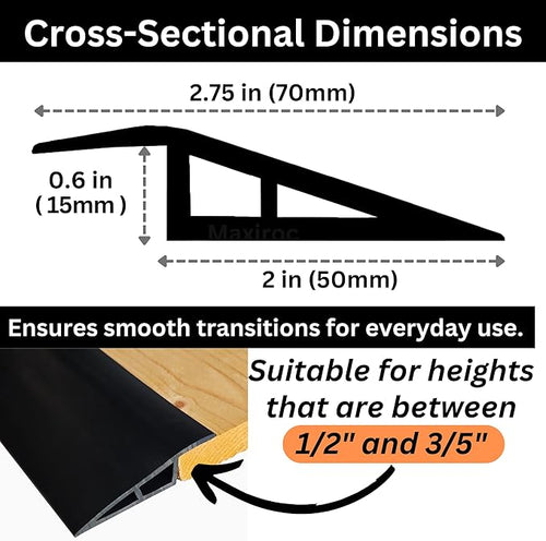 1/2" to 3/5" Height Threshold Ramp - Rubber Threshold, Floor Transition Strip, Wheelchair Ramp, Door Strip, Carpet to Tile Strip (Black, 40 inches)